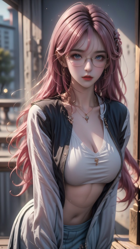  ( masterpiece, top quality, best quality, official art, beauty and aesthetic: 1.3), 1 girl, solo, long hair, bangs, pink hair, Wet hair, blush, half-rimmed glasses, spectacles, beautiful eyes, parted lips, flight suit, American jacket, thigh gap, JK, grey JK skirt, Wet clothes, hair trim, looking at the audience, solid background, gray background