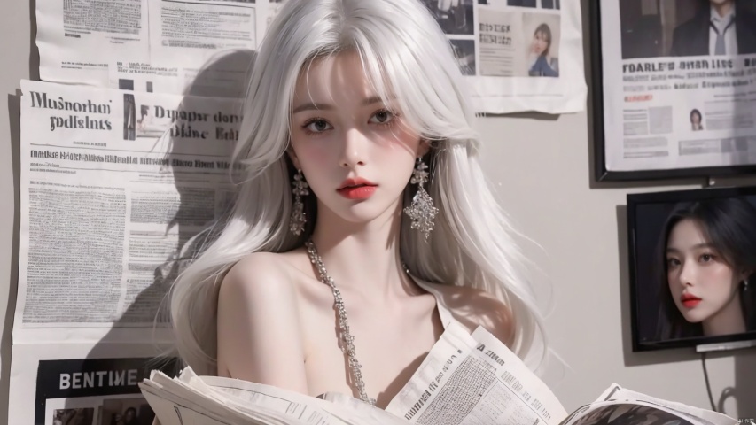  masterpiece, 1 girl, Stand, {white hair}, jewelry, Earrings, Necklace, {JK}, Newspaper wall, huge filesize, extremely detailed, 8k wallpaper, highly detailed, best quality