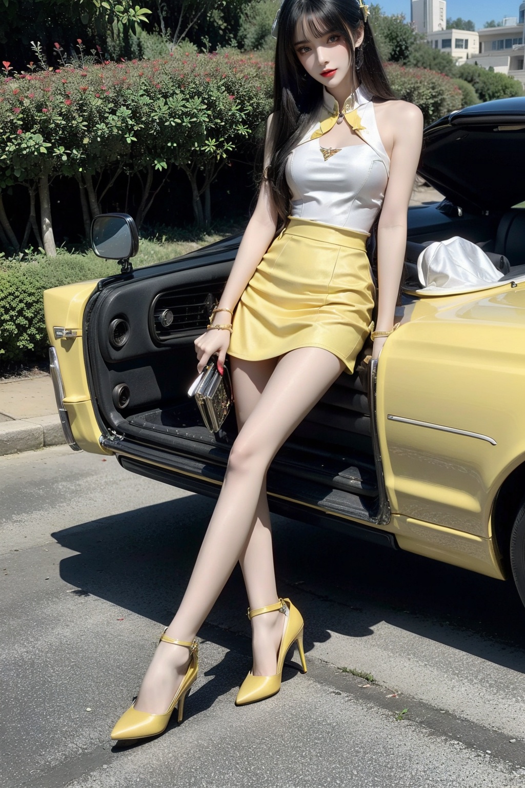  masterpiece, highly detailed, high contrast, the headless man from Sleepy Hollow, ((driving a classic Cadillac convertible)), down a sinister highway, 1girl,pencil_skirt,yellow_footwear,high_heels,handbag