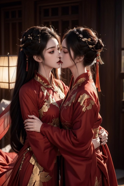  masterpiece, best quality, 2girls, mature female, yuri, chang,yifu,hug,kiss, Phoenix crown, red wedding dress, Hanfu,ancient wedding dress, ancient costume,masterpiece,best quality,official art,extremely detailed CG unity 8k wallpaper, light master, glowing,chineseclothes,long sleeves,1girl, RoyalSister Face