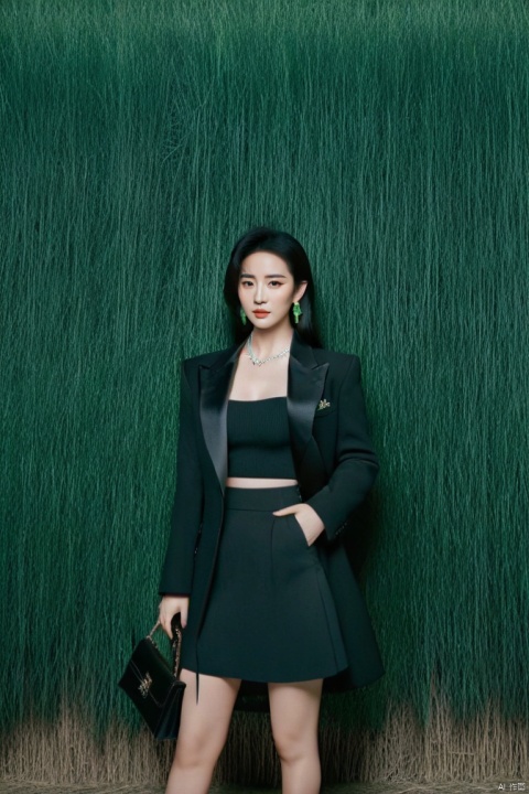  lui yifei with long black hair wearing green earrings and a fur coat with a black background and a black background, short hair, forehead, black hair, lui yifei in a suit and tie standing in a field of hay with a dark background and a black background, street, and a black and white jacket over her shoulders, lui yifei in a black dress and hat holding a purse and a purse bag standing in front of a wall, lui yifei in a short skirt and black top posing for a picture with her hands on her hips and her legs crossed