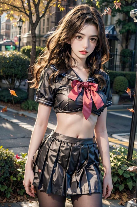  1girl, Autumn, fallen leaves, orange and red tone color,,
 pretty face, (photo realistic: 1.3) , Edge lighting, (high-detail skin) , 8K ultra-hd, DSLR, high quality, high resolution,(photo realistic: 1.3) 
,large breasts, , ,sailor senshi uniform,pink bow,pink necktie,pink sailor collar,pinkskirt,black pantyhose, light master, ((poakl)), haisewei
