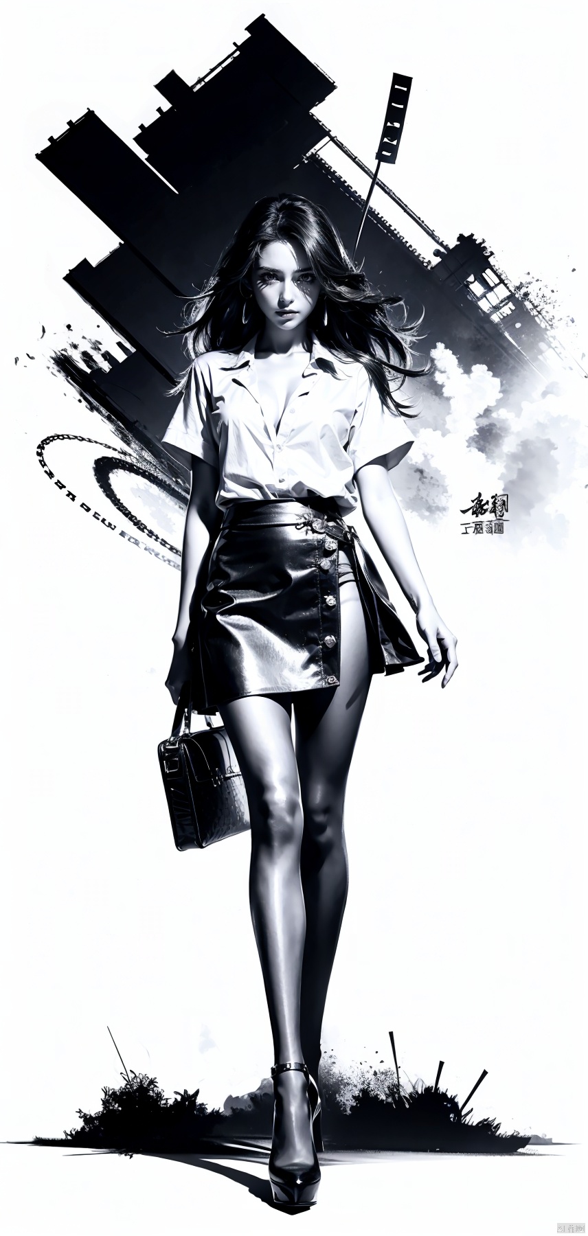  Masterpiece-level best_quality, concept artwork, a lonely solo girl, ,fashion,(mini skirt:1),Super long legs,, standing, realistic, Professionalstudio,highheels,trend,pantyhose,skinny,, upshirt, 1girl, tutultb,Short skirt, Ink scattering_Chinesestyle,sssr,((poakl)),