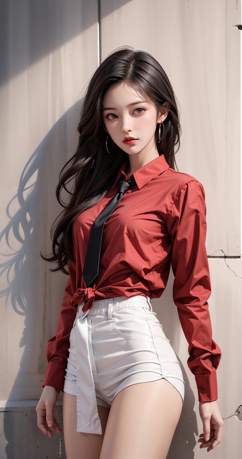  Best quality,masterpiece, 1girl,red shirt, (Tie), Exposed thighs, 1 girl