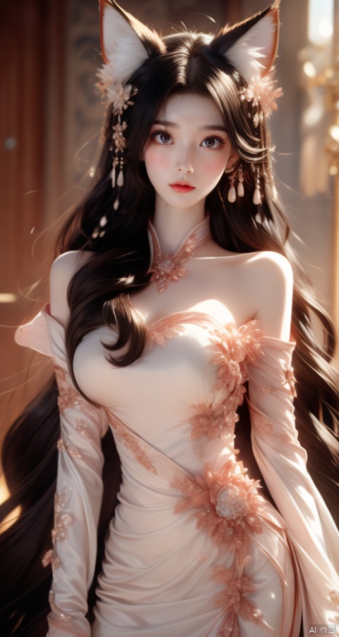  beautiful cute crystal girl in 16 years old, detailed evil eyes, (incredible details, cinematic ultra wide angle, depth of failed, hyper detailed, insane details, hyper realistic, high resolution, cinematic lighting, soft lighting, incredible quality, Realistic Skin,Solo,beautiful face,Large Breasts,((Sheer Dress)),lowleg,(off-shoulder dress),(One shoulder strap fell off),Long Wavy Hair, Cowboy Shot, Smooth shoulders,Slim Waist,dynamic shot,Hair with scenery,The eye,yuyao,(huliya,fox,(fox ears:1))