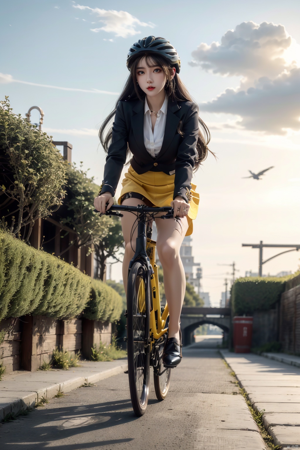  solo, 1girl,outdoors, sky, cloud, helmet, ground,sunset, riding, bicycle, BY MOONCRYPTOWOW,high_heels,yellow_footwear,pencil_skirt,long_hair