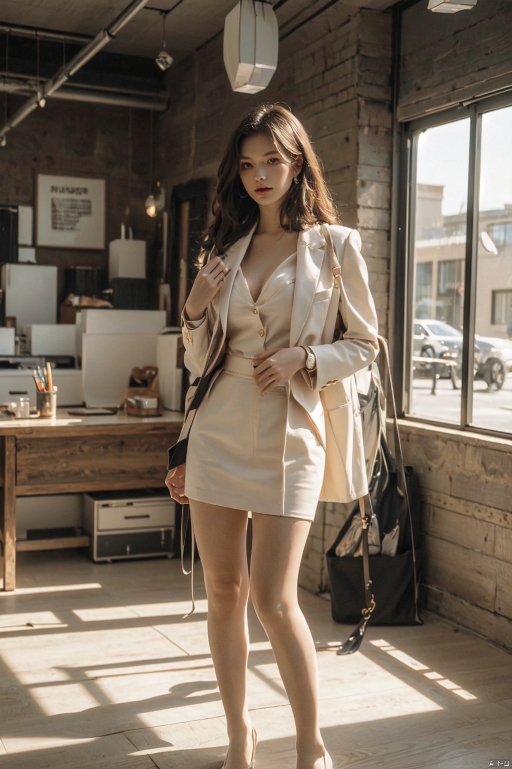  ((masterpiece,best quality)),4k,8k,side,1girl,solo,full_body,(milf,24yo:1.3),(standing:1.3),(bag in hand,women's bags:1.4),((suit:1.2)),shirt,short skirt,stockings,loafers, (brown hair),earrings,wristwatch,((indoors,office:1.5)),, (big boob:1.2), (slim waist)
