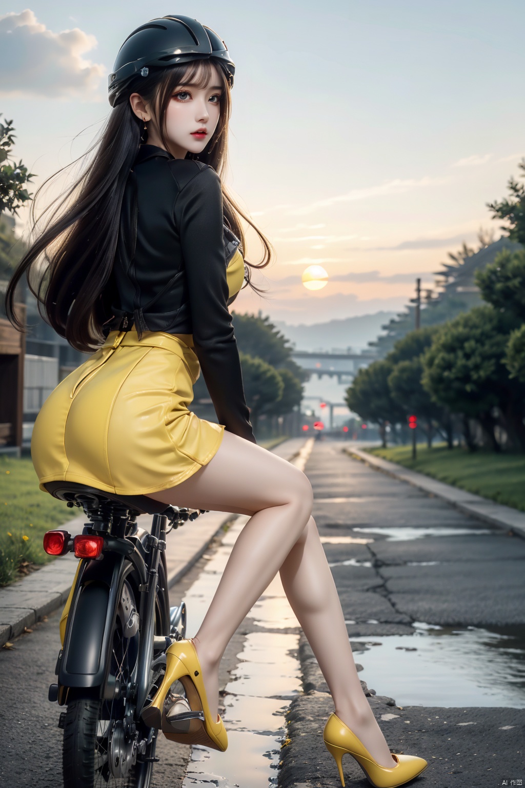  solo, 1girl,outdoors, sky, cloud, helmet, ground,sunset, riding, bicycle, BY MOONCRYPTOWOW,high_heels,yellow_footwear,pencil_skirt,long_hair