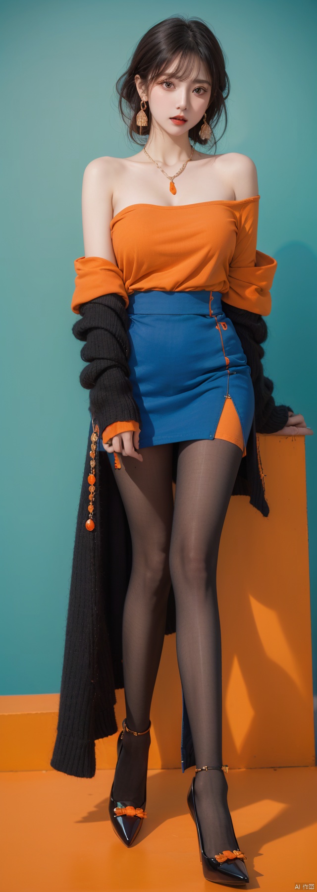  high quality, masterpiece, 1 girl, full body, pantyhose, high heels, black eyes, blue, orange, red, blue gemstone earrings, blue gemstone necklace, breast gap, bare shoulder, orange background, blue shirt, black pantyhose, hm