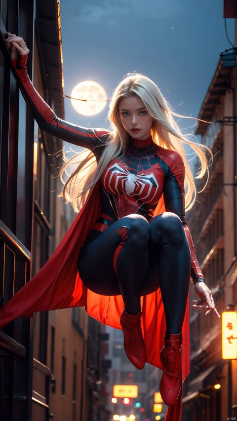 (Masterpiece, 4k resolution, ultra-realistic, very detailed), (White superhero theme, charismatic, there's a girl on top of town, wearing Spider-Man costume, she's a superhero), [ ((25 years), (long white hair:1.2), full body, (blue eyes:1.2), ((Spider-Man pose),show of strength, jumping from one building to another), ((sandy urban environment):0.8)| (cityscape, at night, dynamic lights), (full moon))] # Explanation: The Prompt mainly describes a 4K painting of ultra-high definition, very realistic, very detailed. It shows a superheroine at the top of the city, wearing a Spider-Man costume. The theme in the painting is a white superhero theme, the female protagonist has long white hair, is 25 years old and her entire body is shown in the painting. In terms of portraying the actions of superheroines, spiders are employed