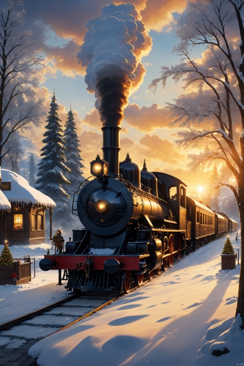  A Christmas celebration transcending time and space, featuring a highly detailed, 8k, best quality masterpiece with a focus on the following elements: a cozy, snow-covered town square, adorned with festive decorations and twinkling lights, a majestic Christmas tree in the center, a group of joyful people gathered around, exchanging gifts and sharing warm embraces, a vintage steam locomotive chugging by in the background, and a beautiful, golden sunset casting a magical glow over the entire scene. wujie