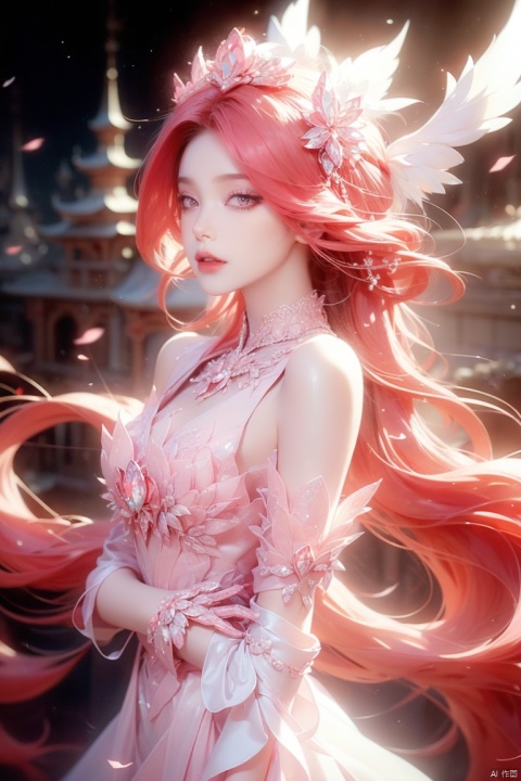  (aerial view,view of city),1girl flying in air,beautiful cute crystal girl in 26 years old, wearing crystal wear, the crystal is evil, black and pink and red glowing crystal, crystal pink hair, the power is every wear, she is evil but cute, the crystal is evil and glowing black and pink and red colors, detailed evil eyes,she has a serious expression and her lips are closed glowing crystal wear, (incredible details, cinematic ultra wide angle, depth of failed, hyper detailed, insane details, hyper realistic, high resolution, cinematic lighting, soft lighting, incredible quality, dynamic shot,,Hair with scenery,baiyueguangya,huliya,wangqihuiyilu