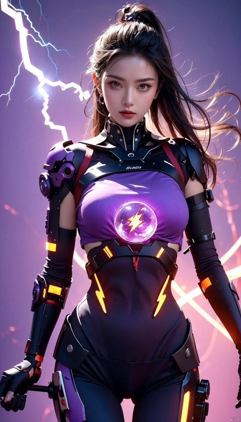  masterpiece, best quality, 8k, concept art, Thought-Provoking Aunt of Blood, intricate details, JoJo pose, Straps, Rings, Gloves, Low shutter, (Violet power aura:1.2), most beautiful artwork in the world, Holding a ball of light in his hand,aesthetics, atmosphere, (lightning,cyborg:1.1), fantasy,1girl