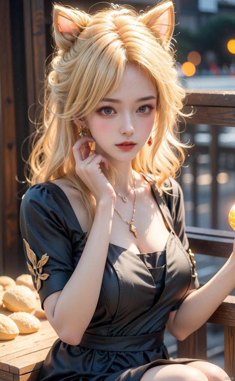  1Girl, Full and blond,Full and plump,Cat's ears (Steamed cat-ear shaped bread), earrings, necklace, jewels, cat whiskers, black gray dress, (half portrait), thighs, hands holding head, lights, night,signora (genshin impact),blonde hair