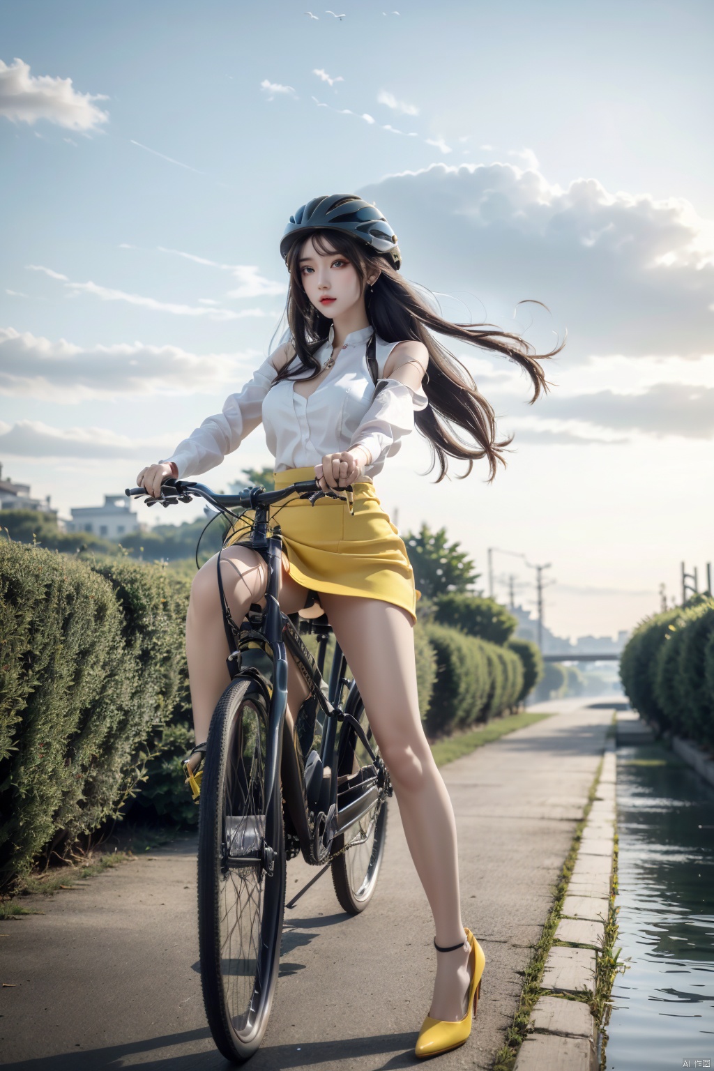  solo, 1girl,outdoors, sky, cloud, helmet, ground,sunset, riding, bicycle, BY MOONCRYPTOWOW,high_heels,yellow_footwear,pencil_skirt,long_hair