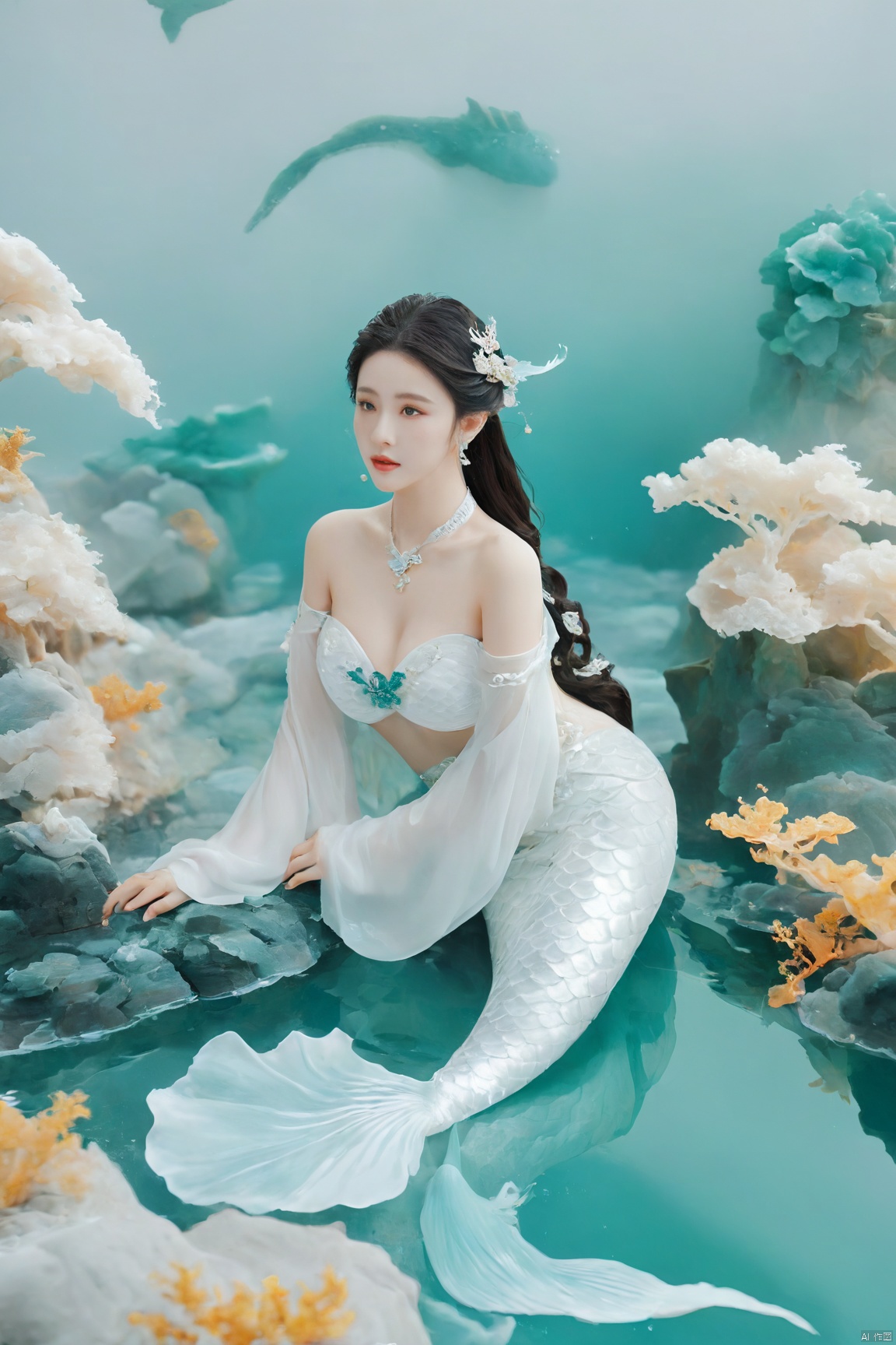  arien_hanfu, mermaid,east dragon,pure white theme,deep in the water,sea,under sea,30 yo lady,large_breasts, guohua, HUBG_Chinese_Jade