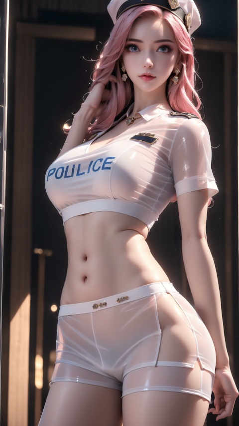  High quality, masterpiece, 1Girl, (translucent white police uniform: 1.4), navel exposed, (translucent shorts: 1.3), thigh exposed, (supermodel pose),smile,(solo),（Different postures）,Pink hair,(Perfect hand lines), 1girl,wangyushan, luoxinyu
