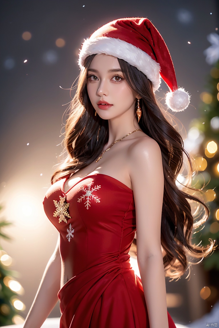  (best quality)),depth of field,((illustration)), 1girl,gem, glowing, jewelry, long hair, looking at viewer, magic, (red christmas hat), (red dress for Christmas), constellation, embers, light particles,medium_breast,floating,beautiful detailed sky,looking_at_viewers very_close_to_viewers,bare_shoulder,golden_bracelet,focus_on_face,messy_long_hair,veil,upper_body,,lens_flare,light_leaks,bare shoulders,detailed_beautiful_Snow Forest_with_Christmas trees, spirit,grey_hair,((Snowflakes)),floating sand flow,navel,(beautiful detailed eyes), (8k_wallpaper),high_heels,thighhighs