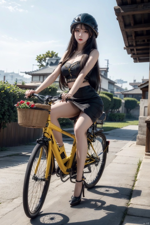  solo, 1girl,outdoors, sky, cloud, helmet, ground,sunset, riding, bicycle, BY MOONCRYPTOWOW,high_heels,yellow_footwear,pencil_skirt,long_hair