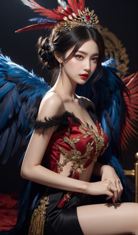  gongbihua,huge filesize,wallpaper,game cg,artbook,a red bird docked on its shoulder,1girl,solo,hair ornament,wings,black hair,makeup,feathers,looking at viewer,fingernails,sitting,jewelry,hand up,feathered wings,eyeshadow,talons,smoke,lipstick,long fingernails,sharp fingernails,headdress,from side,holding,red lips,tassel,