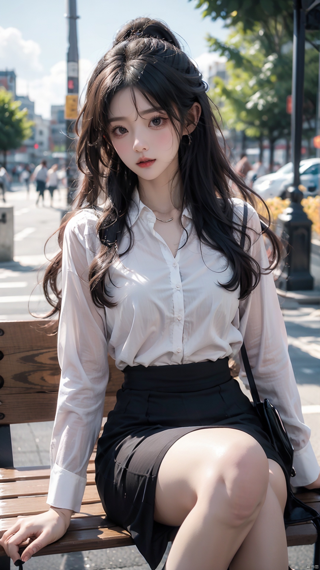  A woman sitting on a park bench with sky and clouds in the background, wearing a white blouse, Du Qiong, girl, a painting, aestheticism
, tutututu, Nebula, bj_Devil_angel