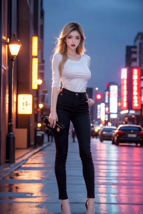  Beauty, best quality, super detail, fine detail, high resolution, 8K wallpaper, perfect dynamic composition,1girl, black_pants, blonde_hair, breasts, bridge, building, city, city_lights, cityscape, denim, earrings, high_heels, jeans, jewelry, lamppost, lips, lipstick, long_hair, looking_at_viewer, makeup, night, outdoors, pants, rain, real_world_location, realistic, red_lips, road, shirt, skyline, skyscraper, solo, standing, street, tokyo_\(city\), town