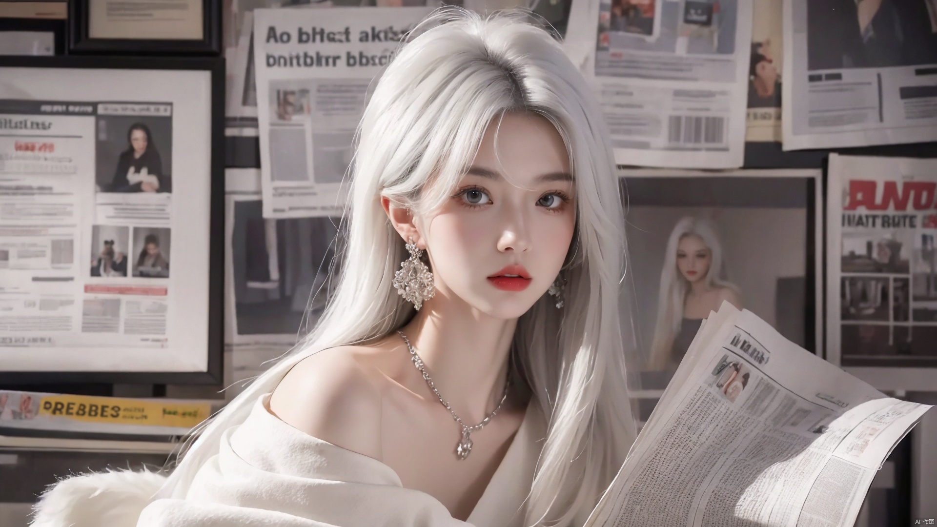  masterpiece, 1 girl, Stand, {white hair}, jewelry, Earrings, Necklace, {JK}, Newspaper wall, huge filesize, extremely detailed, 8k wallpaper, highly detailed, best quality