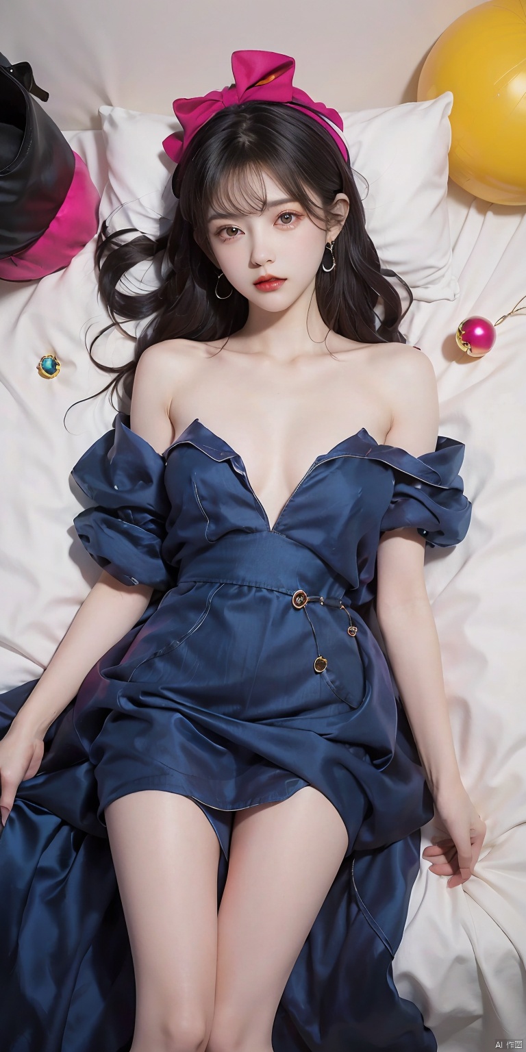  Naked1(1girl:1),color,blue dress,colorful hair,bow,Colorful headwear,Lying down,arrings,gemstones,Colorful balls,as seen from above,wangyushan,Naked