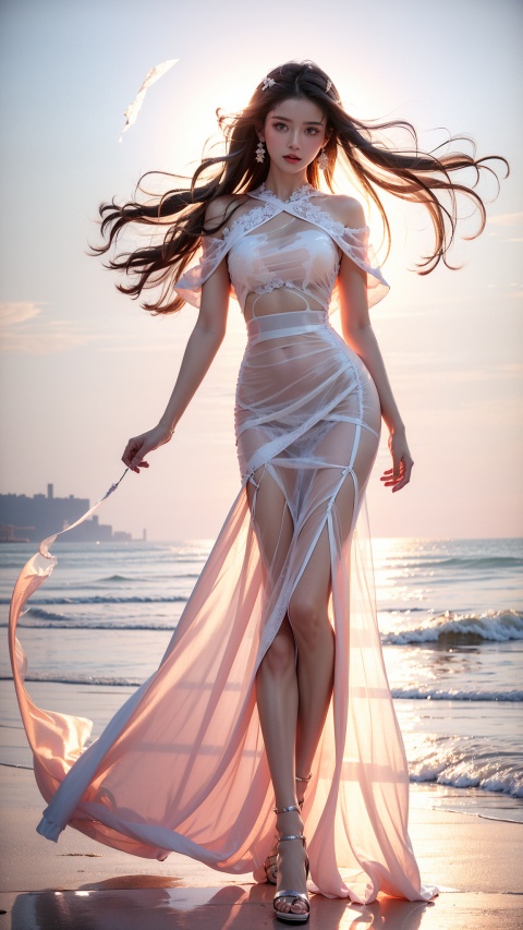  best quality,1girl, half body, earrings, wind blown hair, (translucent white gauze dress:1.5), beach,