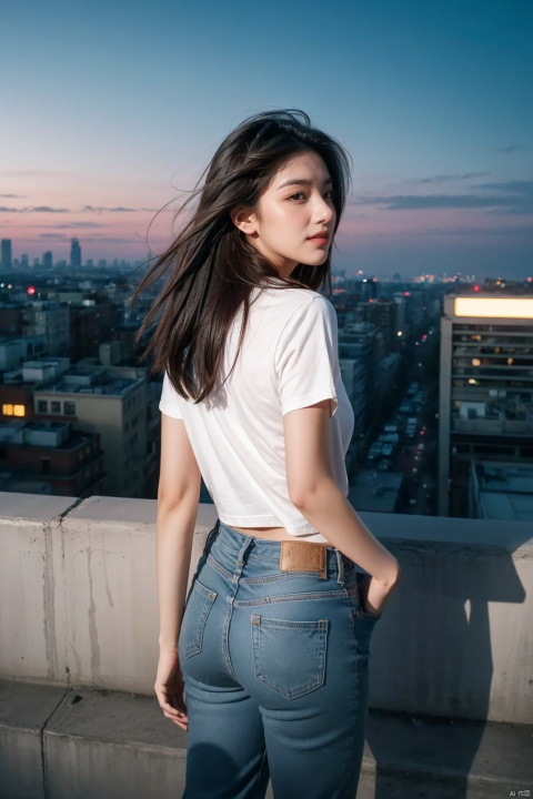  from below,upper_body,A stylish and confident young woman stands on a rooftop terrace in a bustling city, overlooking the skyline.She wore a tight-fitting black leather jacket, a simple white T-shirt underneath, ripped skinny jeans and combat boots, exuding a unique urban coolness.Her short, dark hair was styled in a messy bob that framed her chiseled face and bright blue eyes.With her hands in her pockets, she stared into the distance, as if thinking about her next move.The background is a metropolis with flashing neon lights at dusk, fully demonstrating the essence of contemporary street culture.Drawn in a gritty, high-contrast graphic novel style with bold lines and dynamic shadows, the image vividly illustrates the allure and power of the modern woman.(Masterpiece: 1.10), see through, turn around, (view from behind: 1.3),