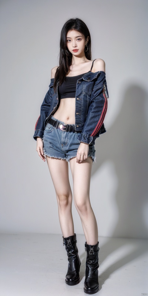  1girl, solo, navel, tattoo, jacket, midriff, belt, pants, holding, lightsaber, boots, energy sword, blue jacket, looking at viewer, full body, jewelry, standing, earrings, multicolored hair, off shoulder, black hair, denim jacket, nail polish, crop top, black footwear, fishnets, bare shoulders, shorts,jyy-hd