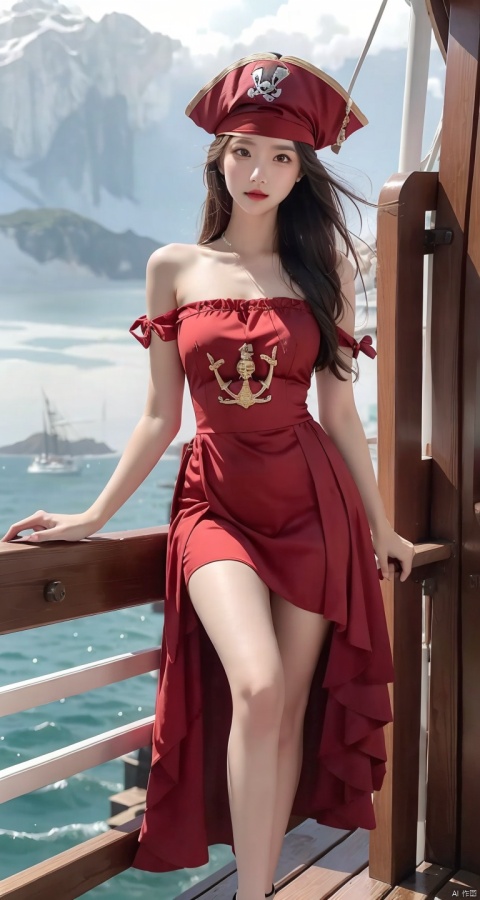  1 female pirate, pirate hat, pirate dress,1girl,on board, thighs,sea, 1girl
