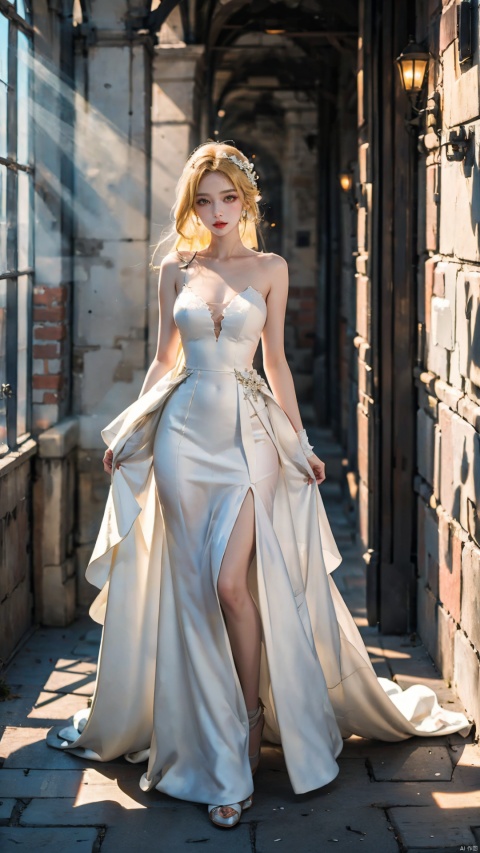  High quality, best quality, detailed photography, best image quality, 8K, one woman, (yellow hair, yellow eyes) wearing a white wedding dress to pose, white dress, white robe, elegant and graceful, beautiful and elegant, very beautiful and elegant, graceful and elegant, wearing a beautiful dress, ceremonial dress, Zhang Jingna, wedding dress, amazing elegance, meeting, sparkling white, exquisite details, romantic dress,Dark Style,light rays