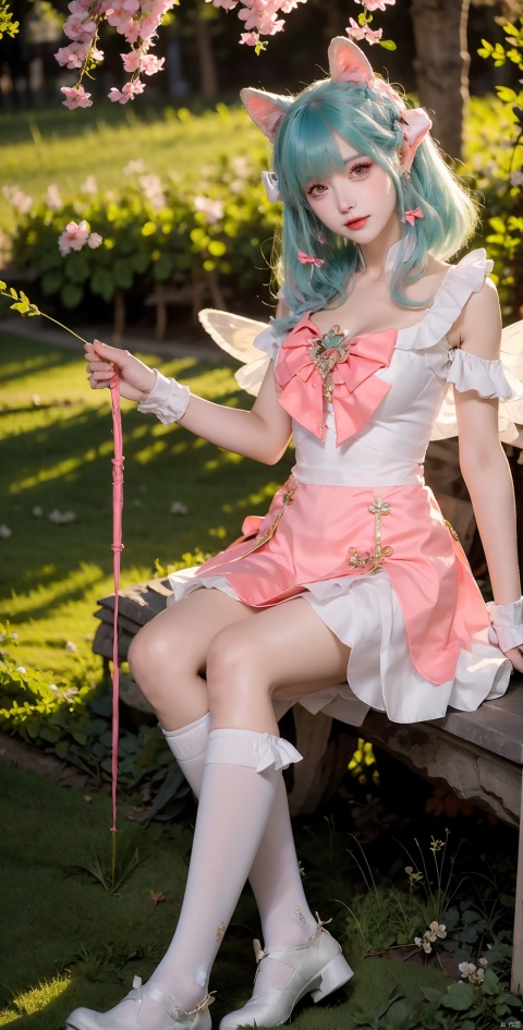  1 Girl, Solo, Looking at the Audience, Bangs, Dress, Bow, Animal Ears,, Medium Breasts, Seated, Flowers, Outdoor, Ruffles, Green Hair, Wings, Shoes, Socks, White Dress, Knee High, Grass, White Socks, Pink Bow