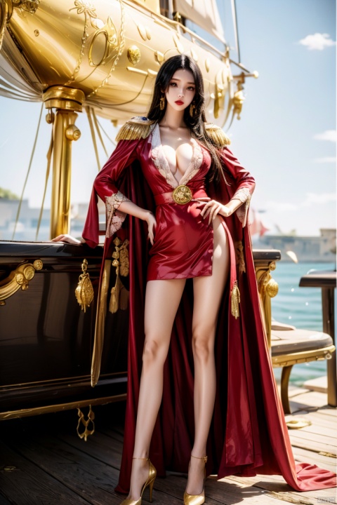  Black long hair,red coat,white cape,gold epaulets,black high-heeled shoes,standing on the pirate ship,pirateflag,sail,女帝,yuzu,1 girl