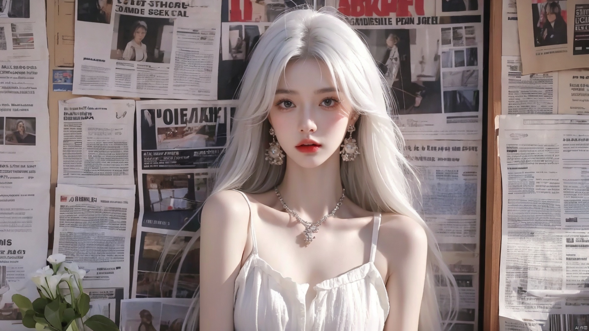  masterpiece, 1 girl, Stand, {white hair}, jewelry, Earrings, Necklace, {JK}, Newspaper wall, huge filesize, extremely detailed, 8k wallpaper, highly detailed, best quality