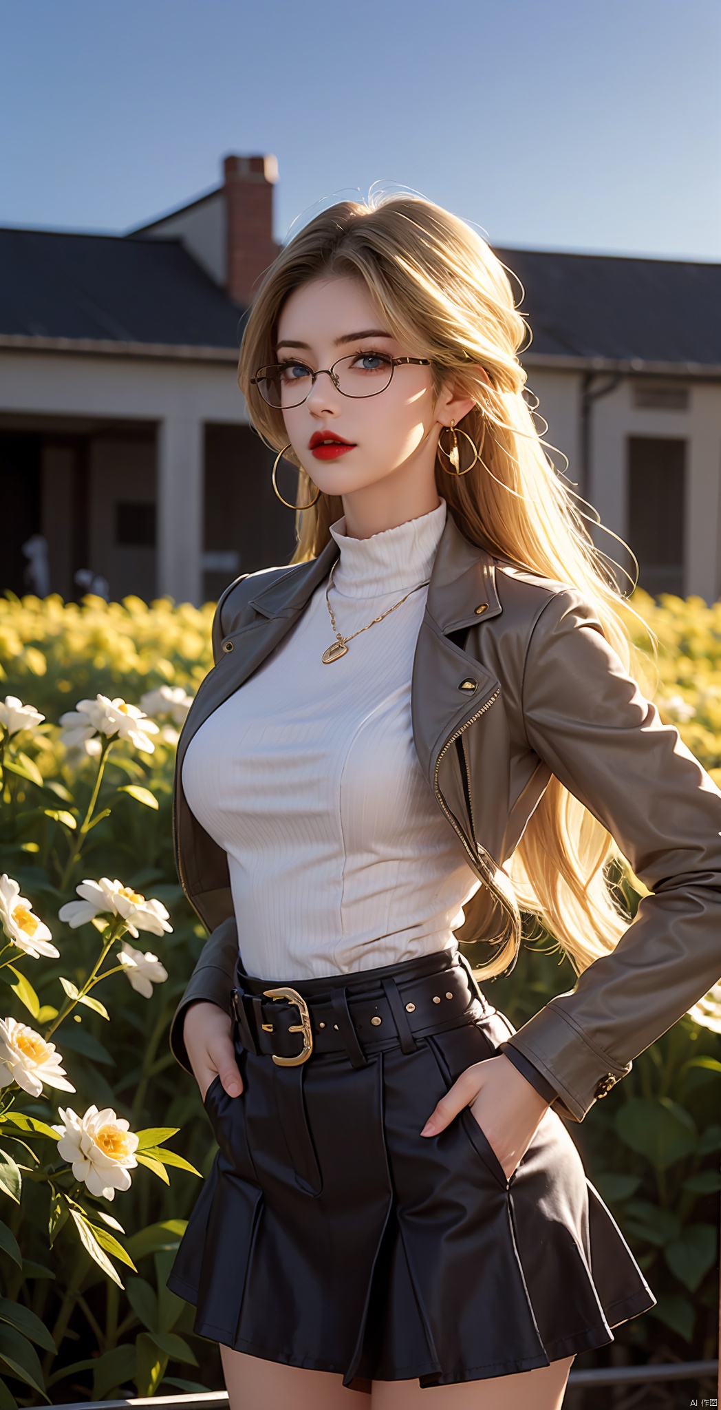  1 Girl, Solo, Long Hair, Breasts, Looking at the Audience, Blue Eyes, Skirt, Blonde, Shirt, Long Sleeve, Jewelry, Standing, Jacket, White Shirt, Denim Shots, Earrings, Parted Lips, Glasses, Belt, Flower Field, Black Skirt, Lips, High Waist Skirt, Hands in Pockets, Hoop Earrings, Red Lips