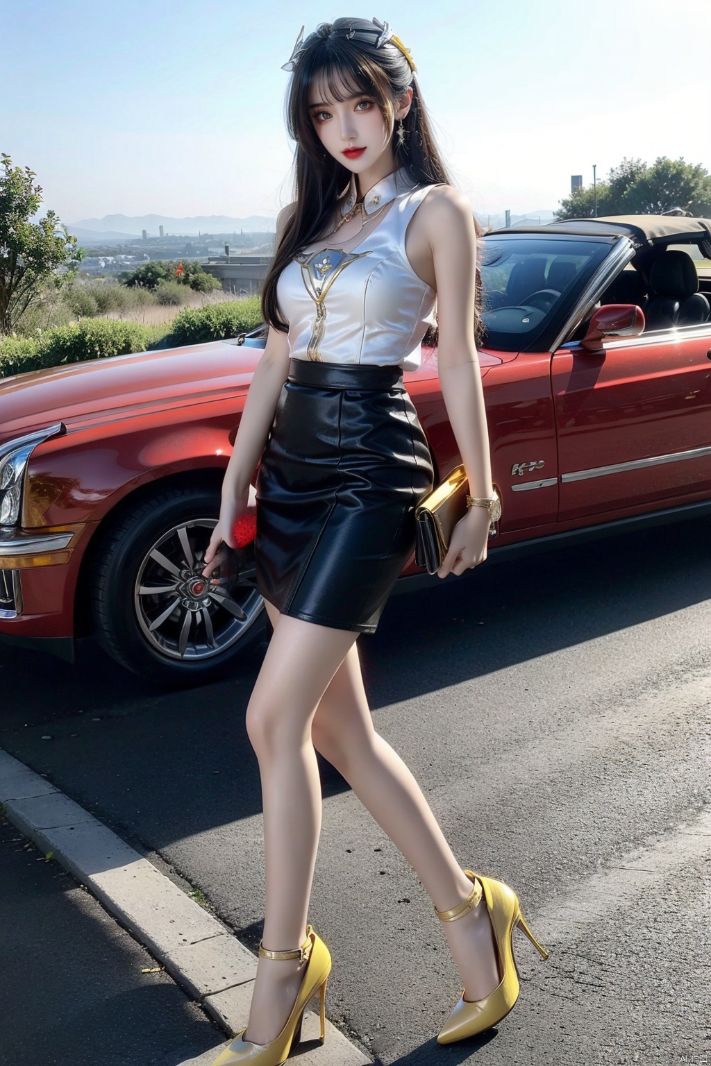  masterpiece, highly detailed, high contrast, the headless man from Sleepy Hollow, ((driving a classic Cadillac convertible)), down a sinister highway, 1girl,pencil_skirt,yellow_footwear,high_heels,handbag