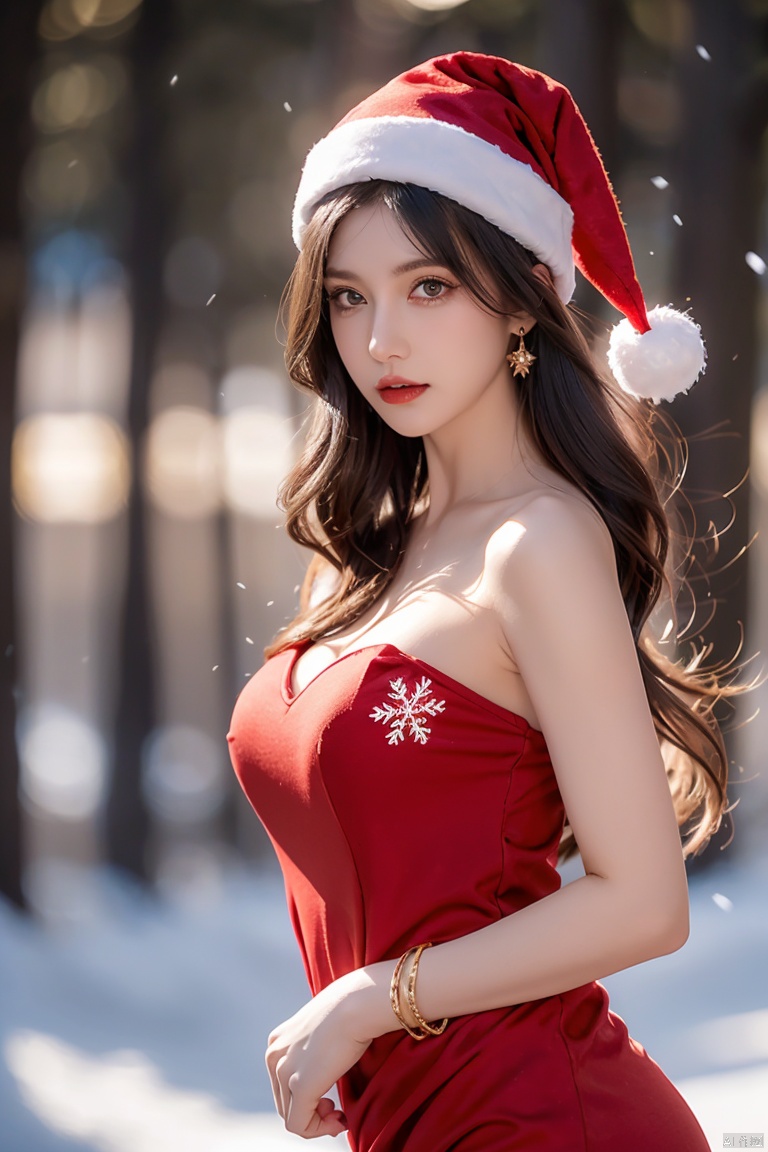  (best quality)),depth of field,((illustration)), 1girl,gem, glowing, jewelry, long hair, looking at viewer, magic, (red christmas hat), (red dress for Christmas), constellation, embers, light particles,medium_breast,floating,beautiful detailed sky,looking_at_viewers very_close_to_viewers,bare_shoulder,golden_bracelet,focus_on_face,messy_long_hair,veil,upper_body,,lens_flare,light_leaks,bare shoulders,detailed_beautiful_Snow Forest_with_Christmas trees, spirit,grey_hair,((Snowflakes)),floating sand flow,navel,(beautiful detailed eyes), (8k_wallpaper),high_heels,thighhighs