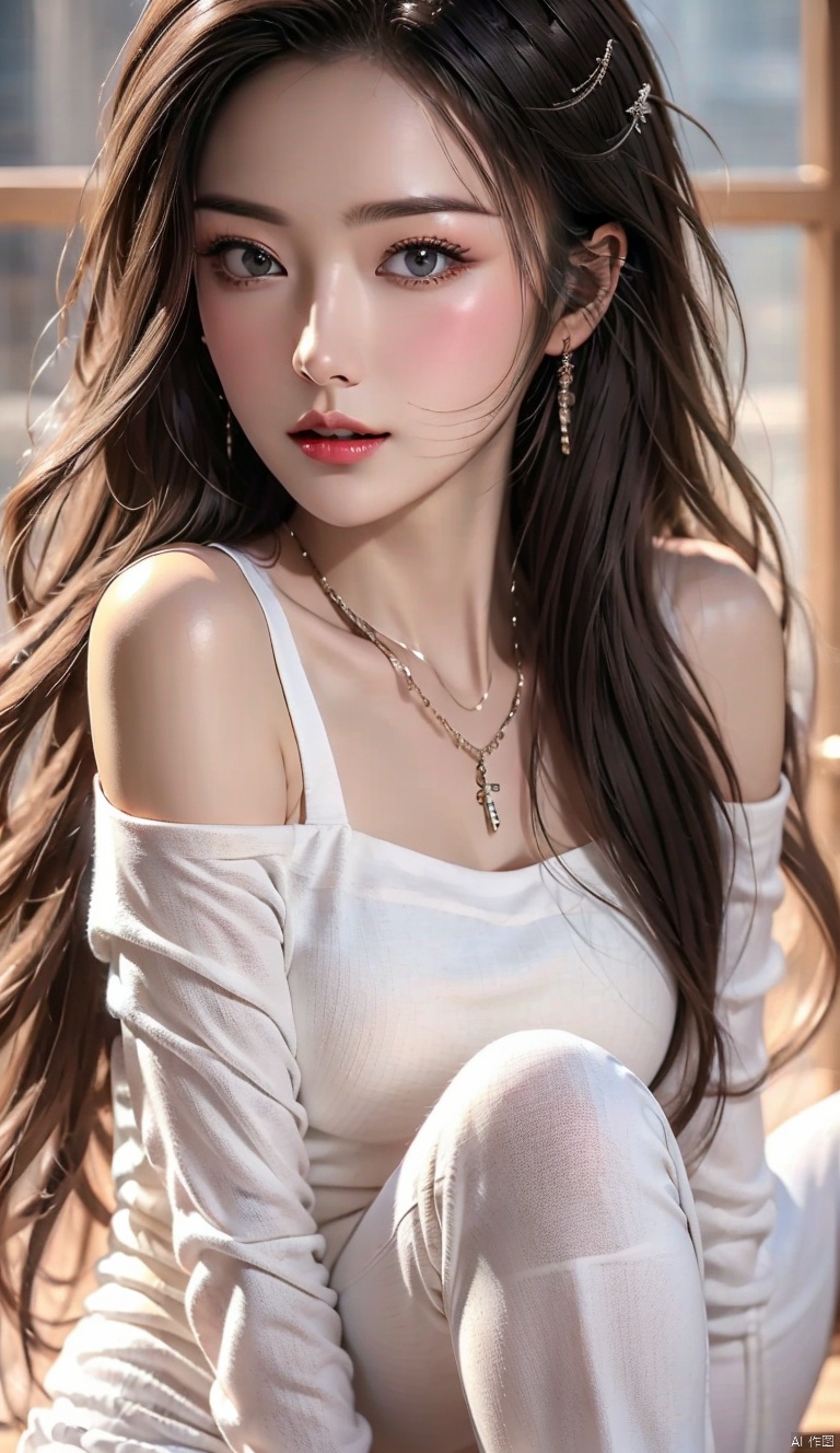  Canon RF85mm f/1.2,masterpiece,best quality,ultra highres,vc,realistic,yoyo,1 girl,(white yoga pants:1.3),Sitting,(korean mixed,kpop idol:1.2),solo,white_shiny_skin,black eyes,necklace,brown_long_wavy_hair,red_shiny_lips,eyelashes,bangs,aface,make-up,shiny,Pore,skin texture,bracelet,offshoulder,see-through,big breasts, my