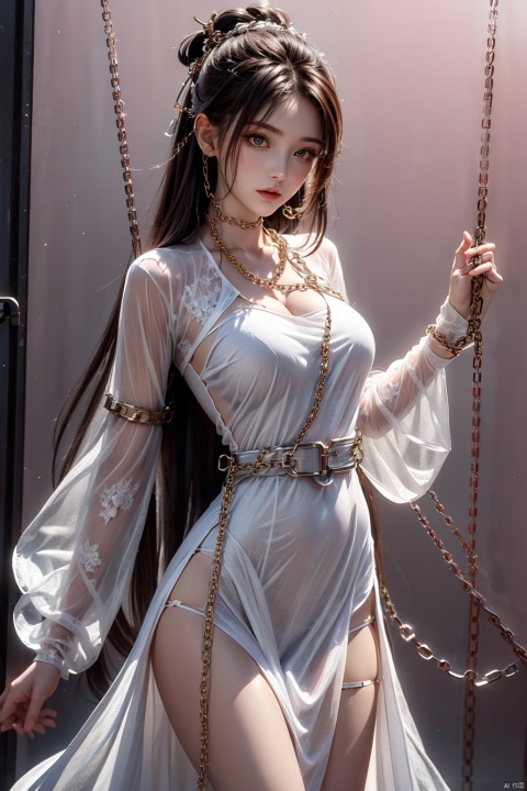  1girl, (Transparent white gauze dress: 1.5), bound, bound (iron chain: 1.9),Criminal tools,pink background,