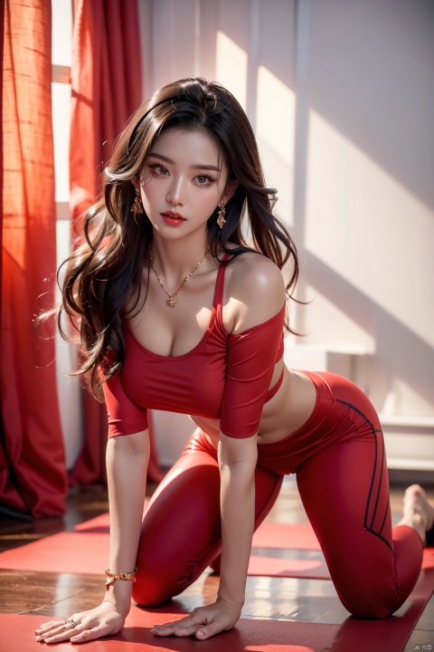  Canon RF85mm f/1.2,masterpiece,best quality,ultra highres,vc,realistic,yoyo,1 girl,(red yoga pants:1.3),Kneeling,(korean mixed,kpop idol:1.2),solo,white_shiny_skin,black eyes,necklace,brown_long_wavy_hair,red_shiny_lips,eyelashes,bangs,aface,make-up,shiny,Pore,skin texture,bracelet,offshoulder,see-through,big breasts,