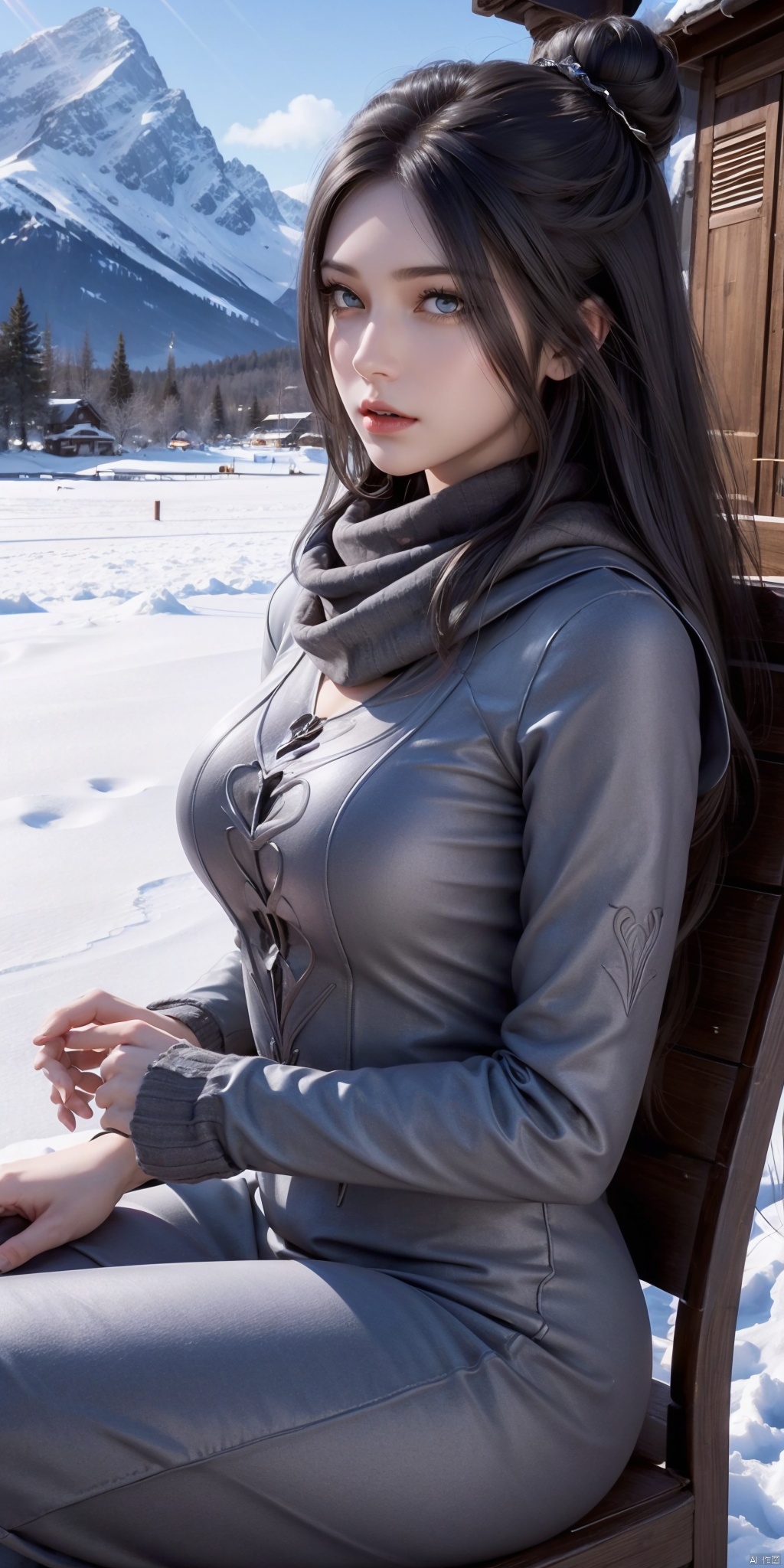  DLD Bamboo Bamboo Blue, 1 Girl, Solo, Black Hair, Long Hair, Purple Eyes, Looking at the Audience, Jewelry, Tapered Bun, Mature Woman, (Realistic, Masterpiece), Highest Quality, High Resolution, Ultimate Detail, 1 Girl, Solo, Gray Printed Scarf, (Gray Knit Dress, Black Plush Coat), Snow White Skin, Delicate Skin Texture. Sitting by the frozen lake creates a beautiful and realistic sight. Her soft black hair fell gracefully over her shoulders, and her sparkling emerald eyes radiated a pure and captivating glow. When the sun shines on it, the ice crystals shine with a beautiful and mysterious light. The silhouette of the distant mountains in the snowy landscape is both desolate and majestic, and the tranquil surroundings evoke inner peace. In this tranquil environment, she felt as if she had melted into the snow. (Upper body: 1.2), ray tracing, (Nikon AF-S 105mm f/1.4E ED),