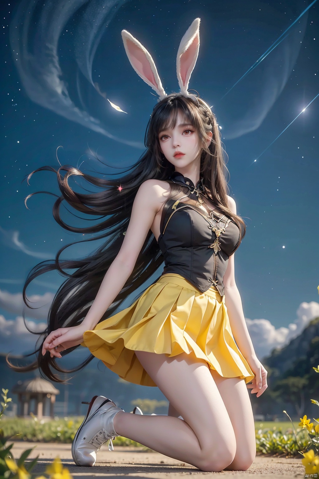  1 girl, animal ears, bangs, bare shoulders, closed mouth, skirt, eyebrows, visible hair, body, hair between the eyes, hair ornaments, long hair, look at the audience, rabbit ears, black hair flying in the wind, alone, kneeling, starry sky, very long hair, white shoes, yellow skirt, black eyes