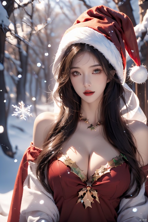  ((((ink))),((watercolor)),world masterpiece theater, ((best quality)),depth of field,((illustration)), 1girl,gem, glowing, jewelry, long hair, looking at viewer, magic, (red christmas hat), (red organdie dress for Christmas), constellation, embers, light particles,medium_breast,floating,beautiful detailed sky,looking_at_viewers very_close_to_viewers,bare_shoulder,golden_bracelet,focus_on_face,messy_long_hair,veil,upper_body,,lens_flare,light_leaks,bare shoulders,detailed_beautiful_Snow Forest_with_Trees, spirit,grey_hair,White clothes,((Snowflakes)),floating sand flow,navel,(beautiful detailed eyes), (8k_wallpaper),