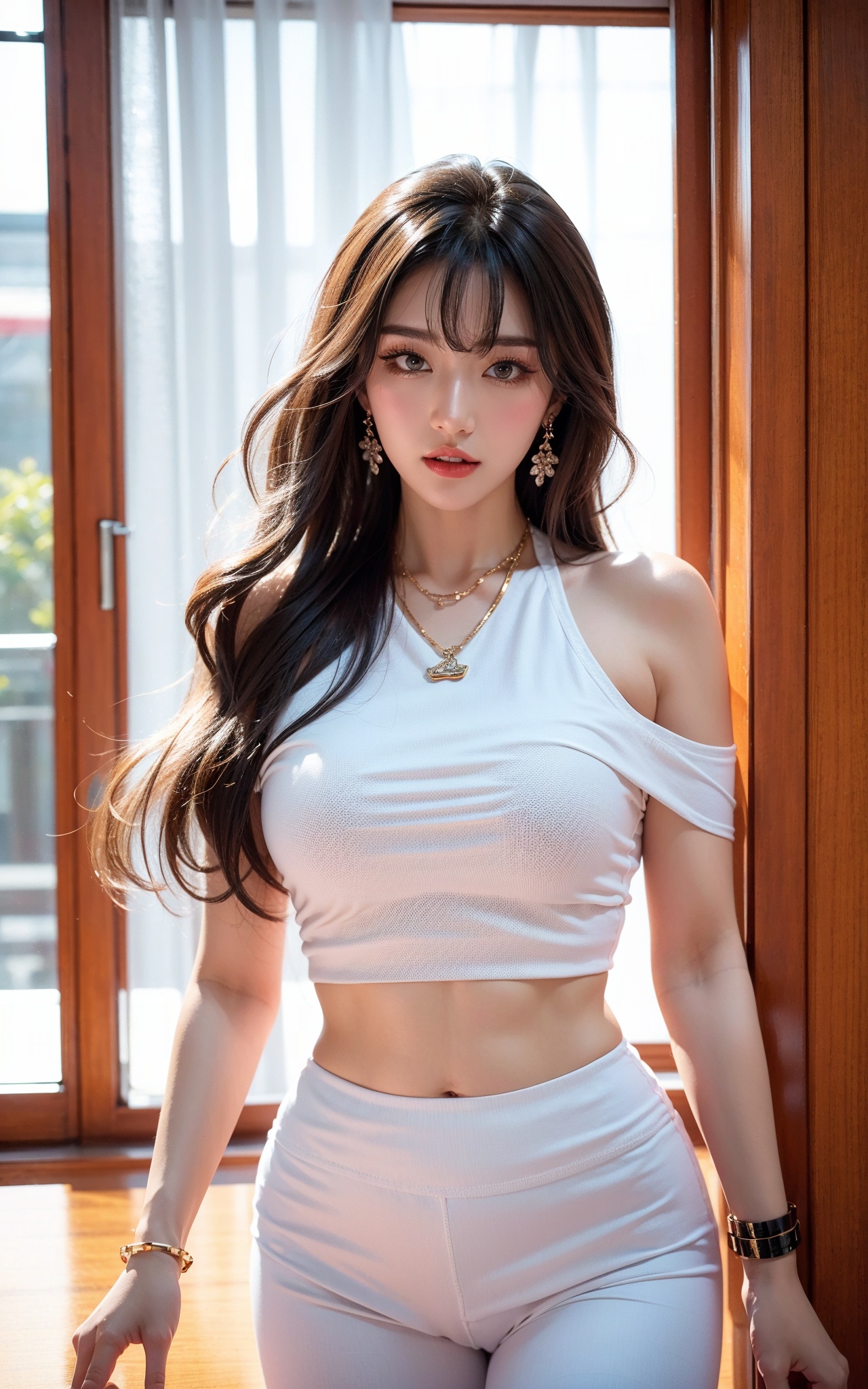  Canon RF85mm f/1.2,masterpiece,best quality,ultra highres,vc,realistic,yoyo,1 girl,(White translucent yoga pants)(korean mixed,kpop idol:1.2),solo,white_shiny_skin,black eyes,necklace,brown_long_wavy_hair,red_shiny_lips,eyelashes,bangs,aface,make-up,shiny,Pore,skin texture,bracelet,offshoulder,see-through,big breasts,