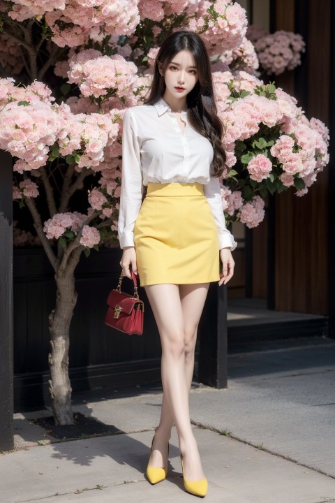  (Masterpiece, Top Quality, Best Quality, Official Art, Beauty and Aesthetics: 1.2), (1 Girl), Full Body Photo, Extreme Detail, (Fractal Art: 1.3), Colorful, Flowers, Highest Detail, Glow, Skirt, Shirt, Thighs, zycpp, 1girl,high_heels,handbag,yellow_footwear,long_hair,black_hair