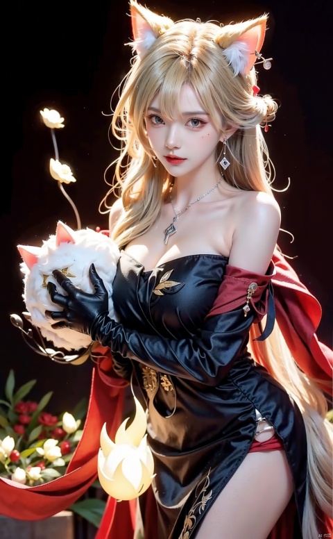  1Girl, Full and blond,Full and plump,Cat's ears (Steamed cat-ear shaped bread), earrings, necklace, jewels, cat whiskers, black gray dress, (half portrait), thighs, hands holding head, lights, night,signora (genshin impact),blonde hair,huliya,wangyushan