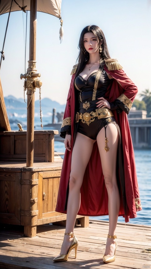  Black long hair, red coat, white cape, gold epaulets, black silk Pantyhose, black high-heeled shoes, standing on the pirate ship, pirateflag,sail,女帝,yuzu,1 girl,1girl,moyou
