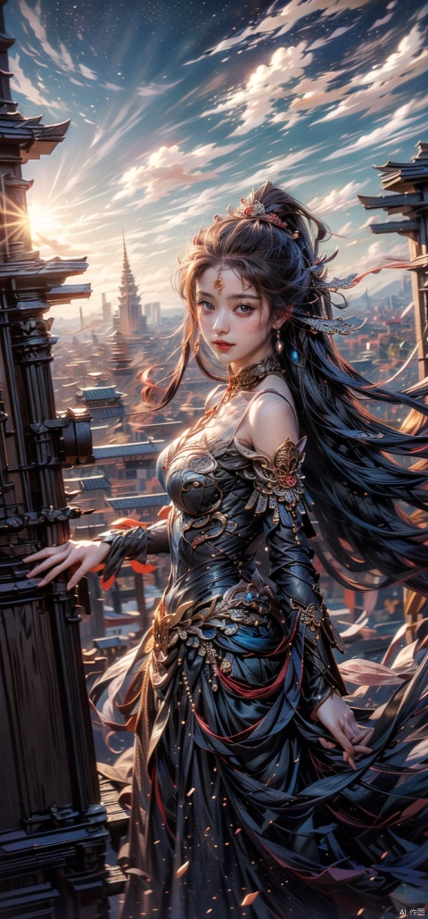  ((masterpiece)), ((best quality)), 8k, high detailed, ultra-detailed, A girl standing on the rooftop overlooking the city, rooftops, buildings, streets, city lights.